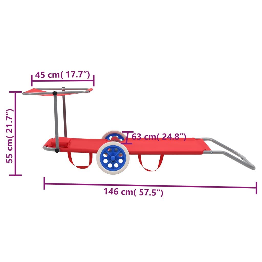 складной шезлонг с крышей и колесами, сталь, красный