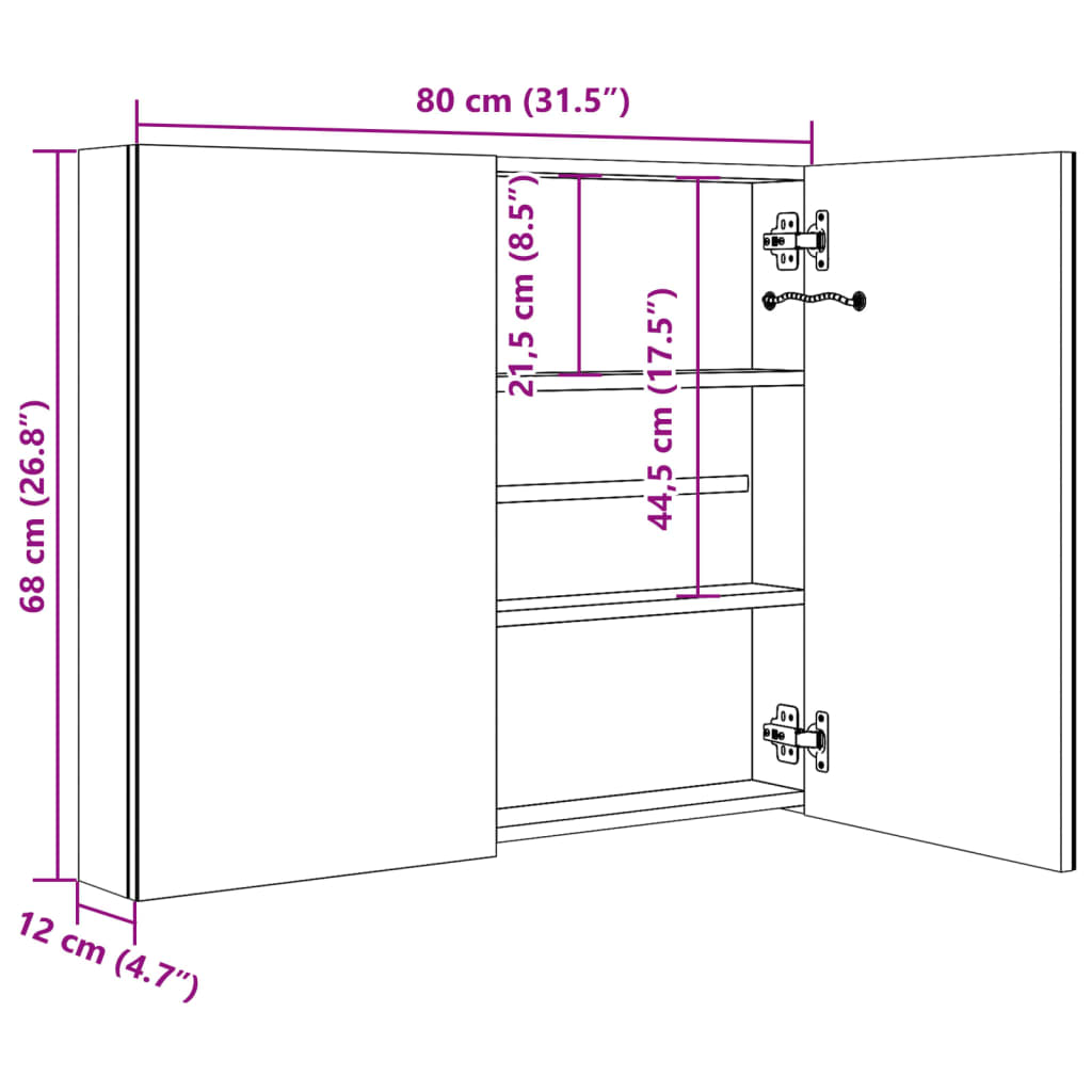 Зеркальный шкафчик для ванной со светодиодной подсветкой, 80 x 12,2 x 68 см