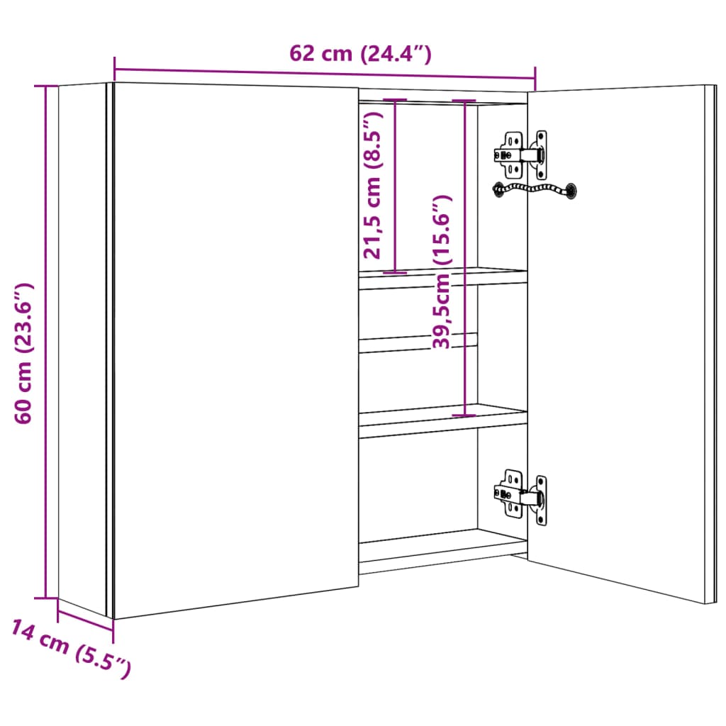 Зеркальный шкафчик для ванной со светодиодной подсветкой, 60x14x62 см