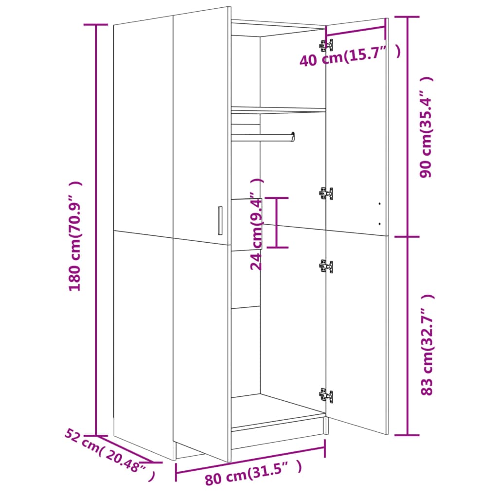 garderoob Sonoma tamm 80 x 52 x 180 cm tehispuit