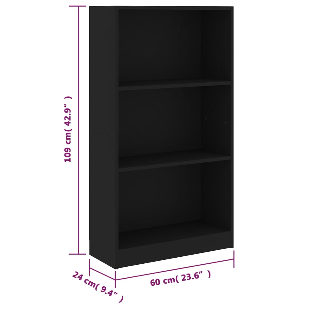 3-korruseline raamaturiiul must 60x24x108 cm tehispuit