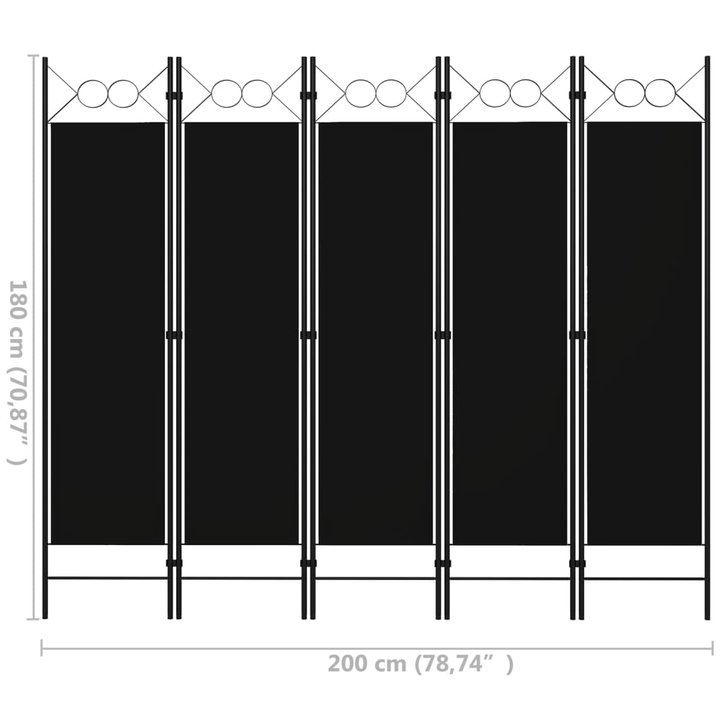 5 paneeliga ruumijagaja, must, 200 x 180 cm