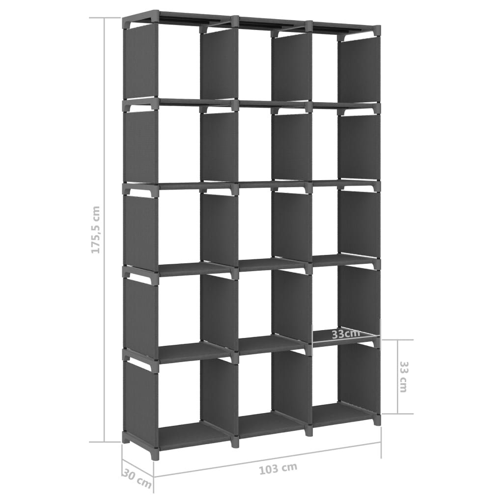 15 kuubikuga vitriinriiul, hall, 103 x 30 x 175,5 cm, kangas