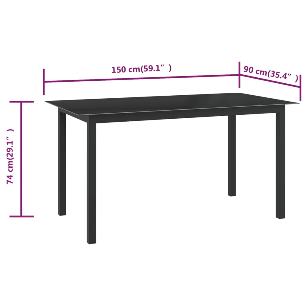 aialaud, must, 150 x 90 x 74 cm, alumiinium ja klaas