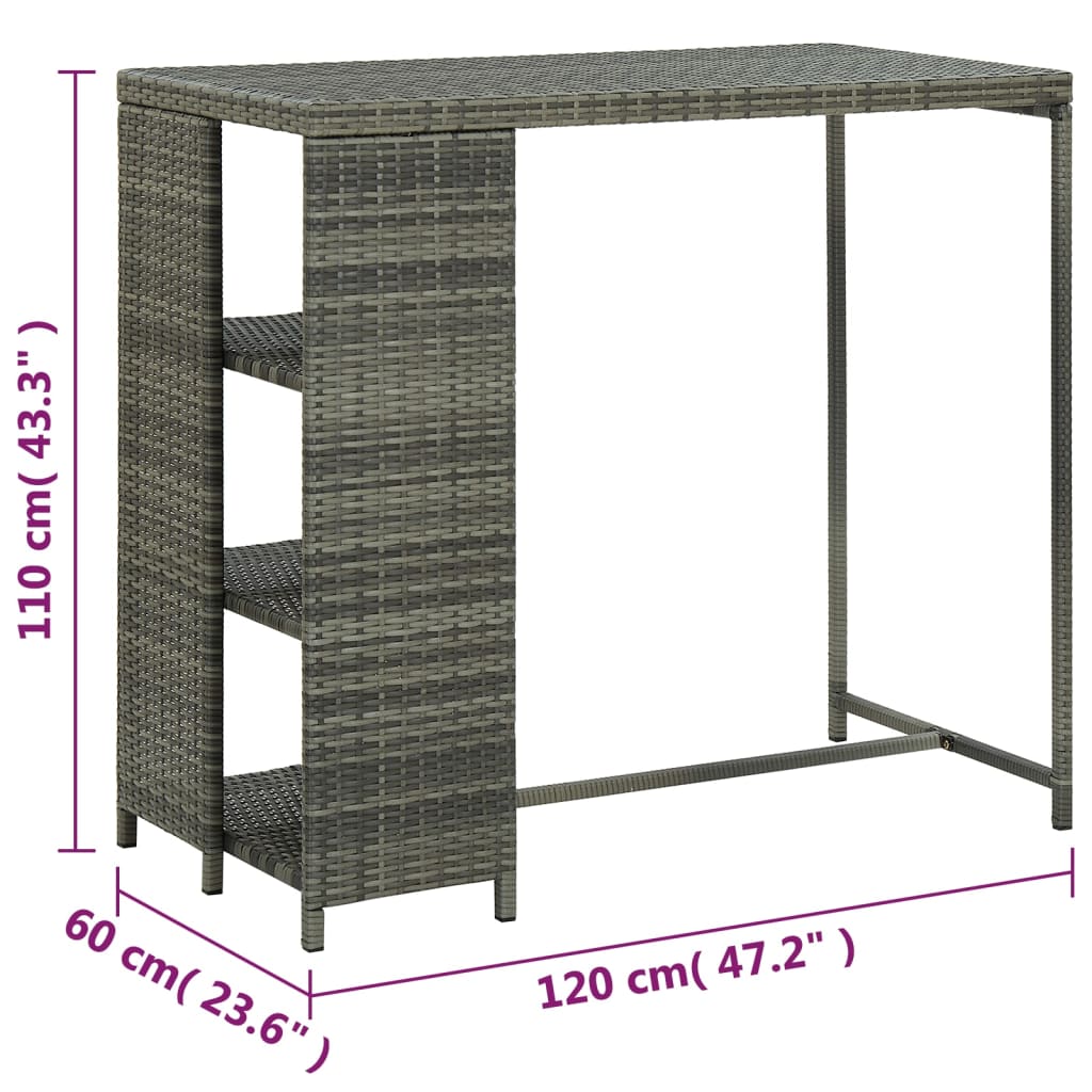 Барный стол с полкой для хранения вещей, серый, 120 x 60 x 110 см, полираттан