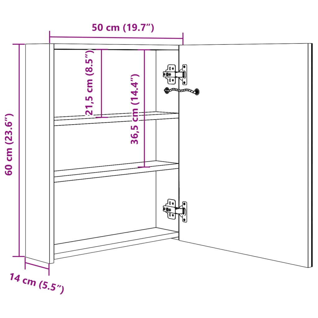 LED vannitoa peegelkapp, säravhall, 50 x 14 x 60 cm