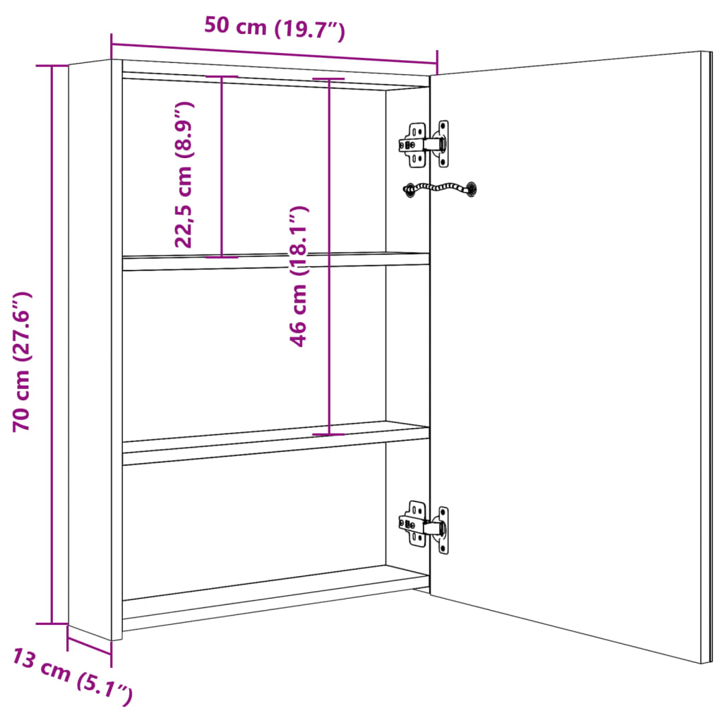 LED vannitoa peegelkapp, valge ja tamm, 50 x 13 x 70 cm