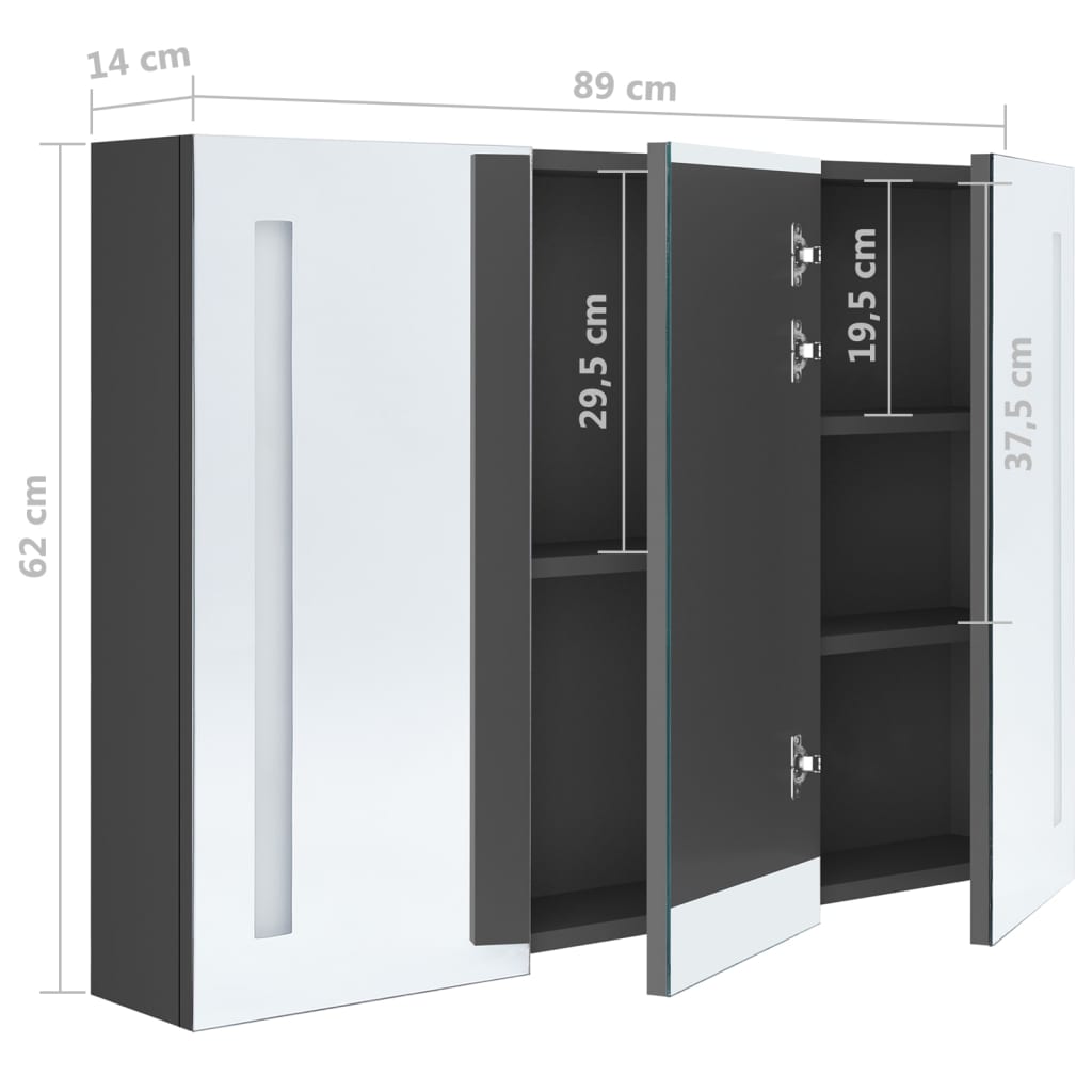 Зеркальный шкафчик для ванной со светодиодной подсветкой, 89 x 14 x 62 см, серый