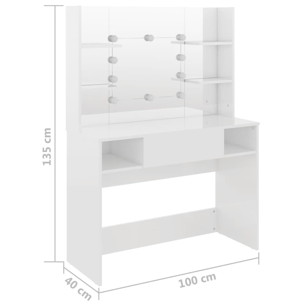 Столик для макияжа со светодиодной подсветкой, 100x40x135 см, ярко-белый