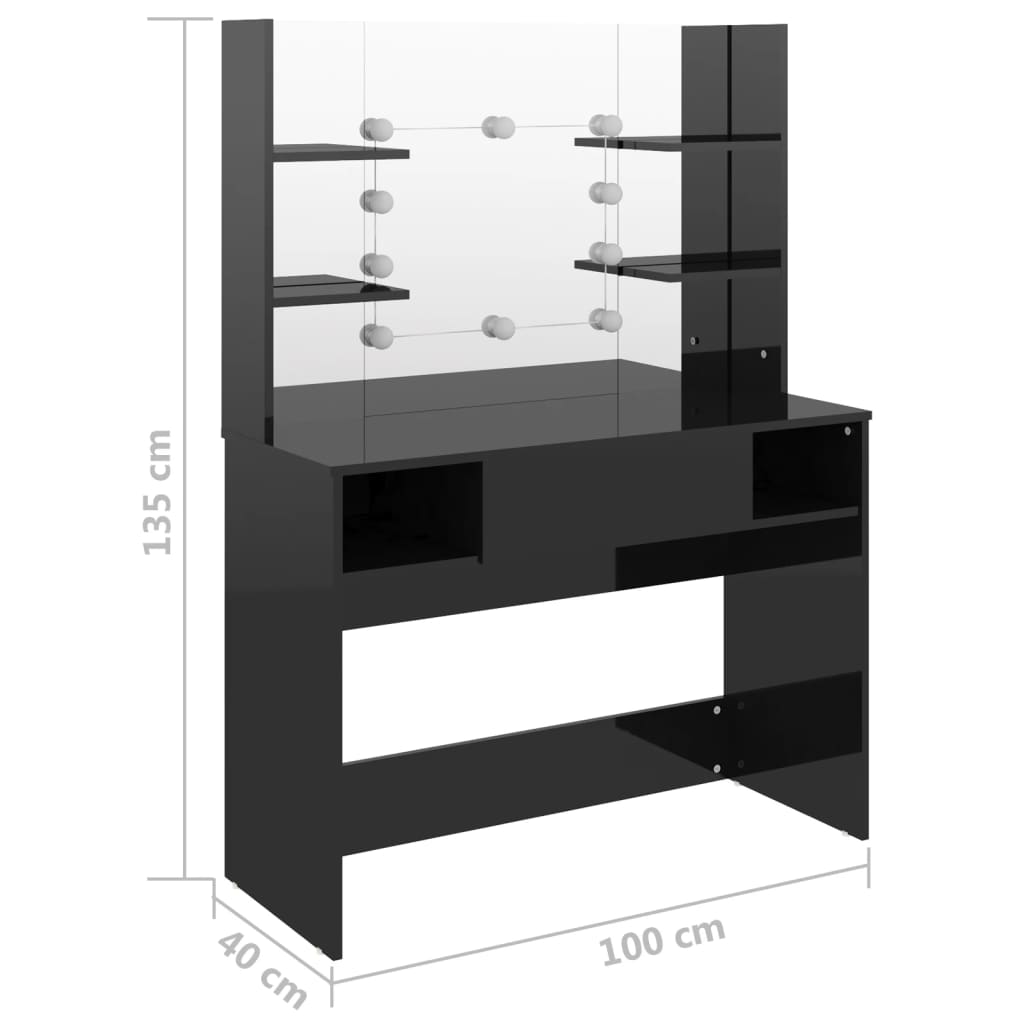 Столик для макияжа со светодиодной подсветкой, 100x40x135 см, глянцевый черный