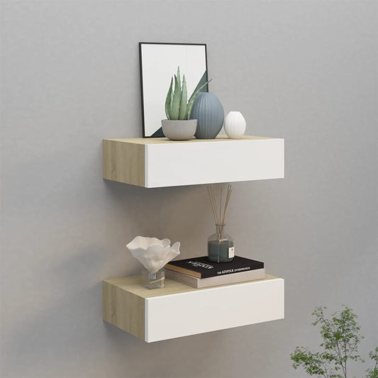 sahtlitega seinariiulid, 2tk, tamm ja valge, 40x23,5x10 cm MDF