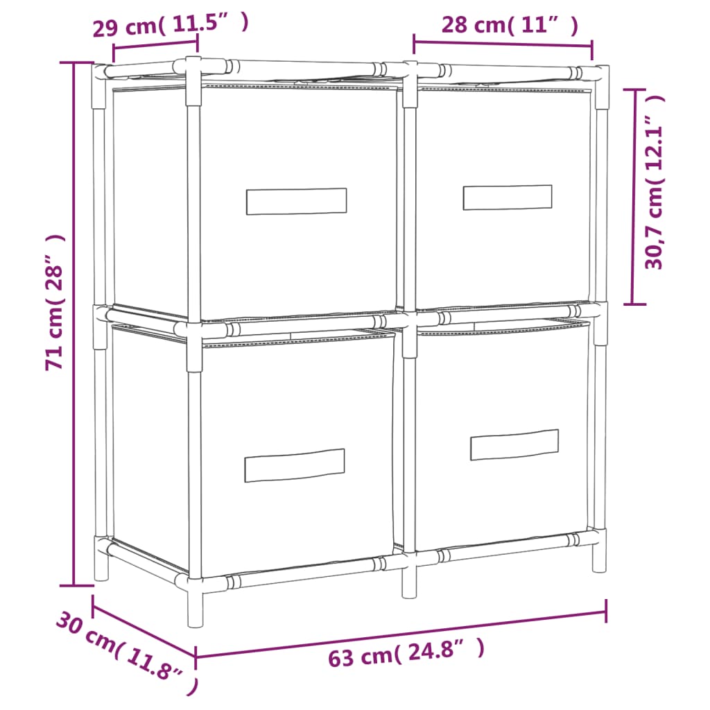 Шкаф для хранения с 4 тканевыми корзинами, кремовый, 63 x 30 x 71 см, сталь