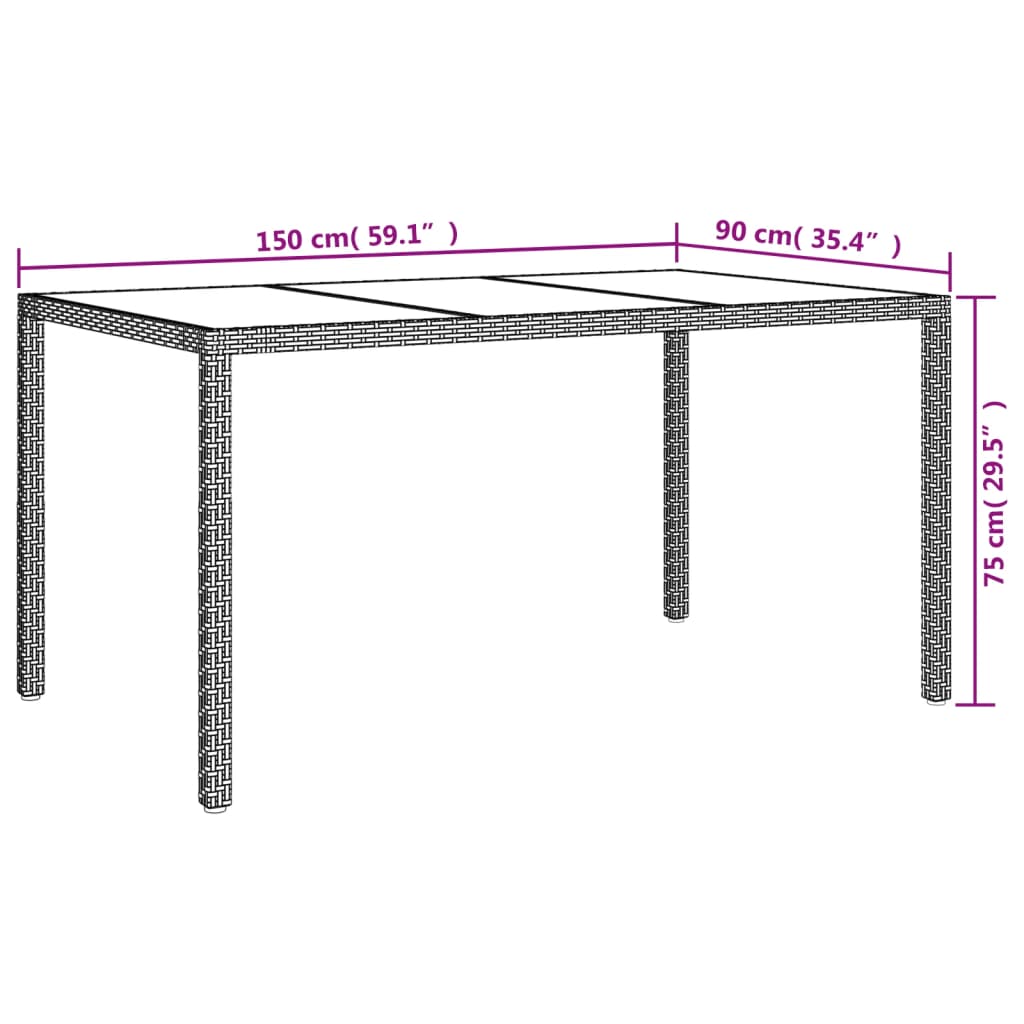 Садовый стол 150 x 90 x 75 см, закаленное стекло и полираттан, коричневый