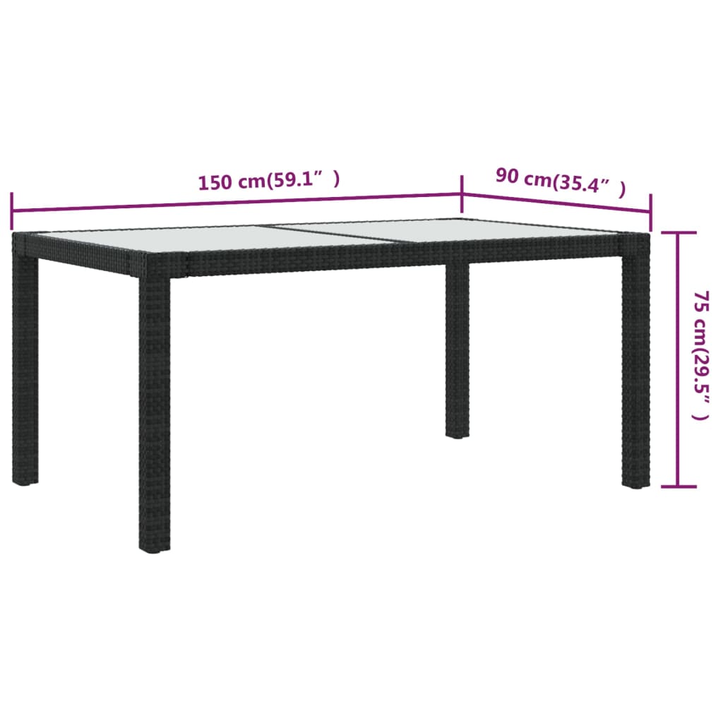 Садовый стол 150 x 90 x 75 см, закаленное стекло и полираттан, черный