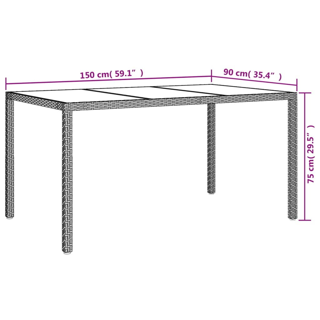 Садовый стол 150 x 90 x 75 см, закаленное стекло и полираттан, серый