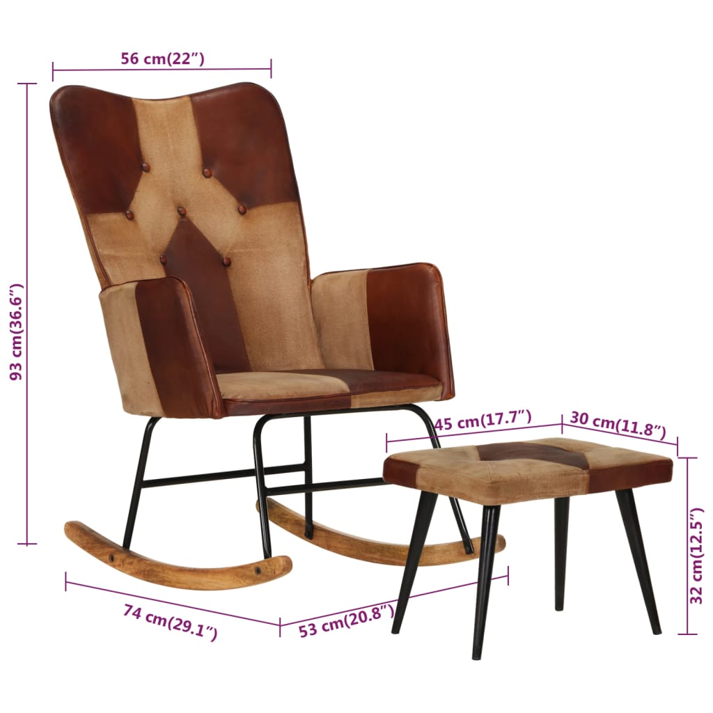 кресло-качалка с подставкой для ног, коричневое, натуральная кожа и холст