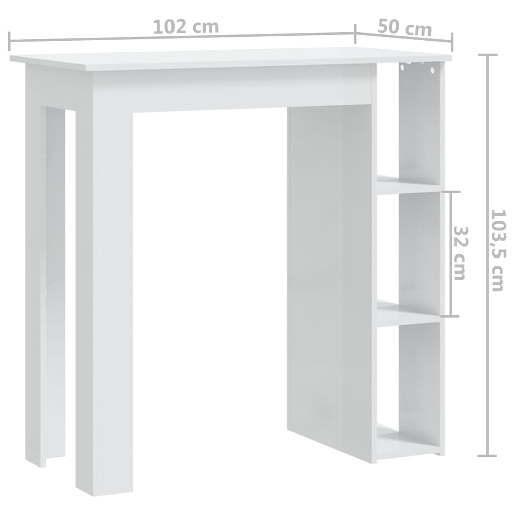 baarilaud riiuliga, kõrgläikega valge 102x50x103,5 cm tehispuit