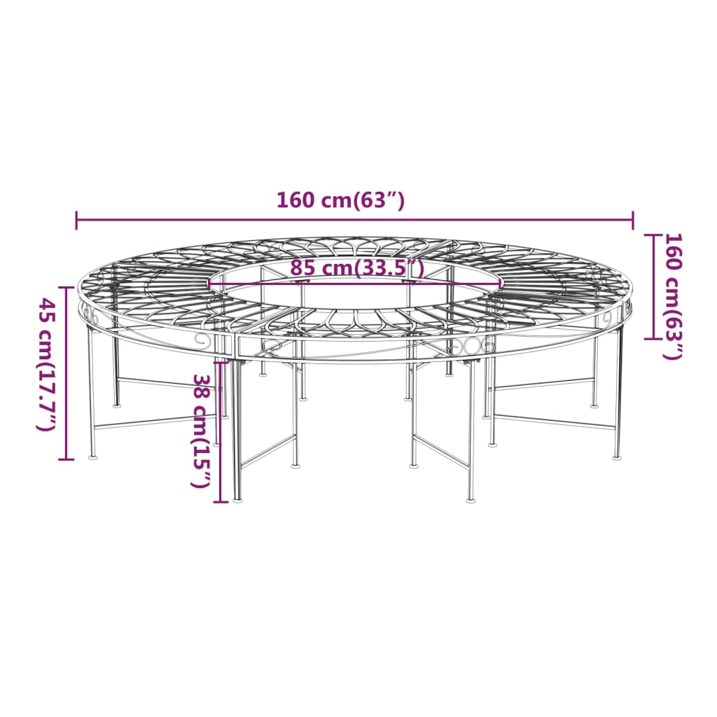 puu ümber paigaldatav pink, Ø160 cm, must, teras