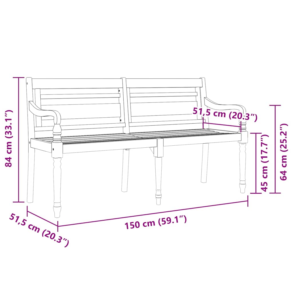 Batavia pink halli istmepadjaga, 150 cm, tiikpuu