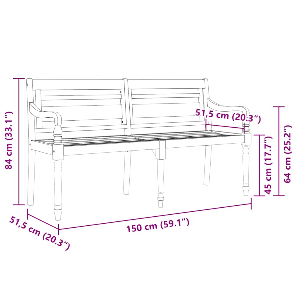 Batavia pink kreemja istmepadjaga, 150 cm, tiikpuu