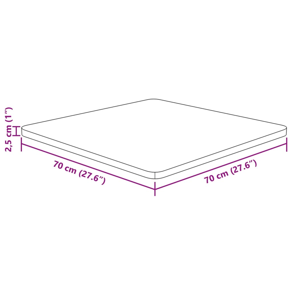 квадратная столешница, 70 x 70 x 2,5 см, необработанная дубовая древесина