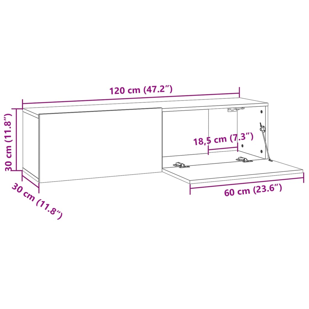 Настенный шкаф для телевизора, дымчатый дуб, 120 x 30 x 30 см