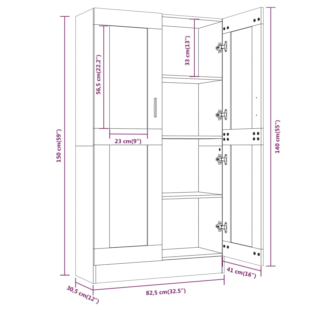 vitriinkapp, pruun tamm, 82,5x30,5x150 cm, tehispuit