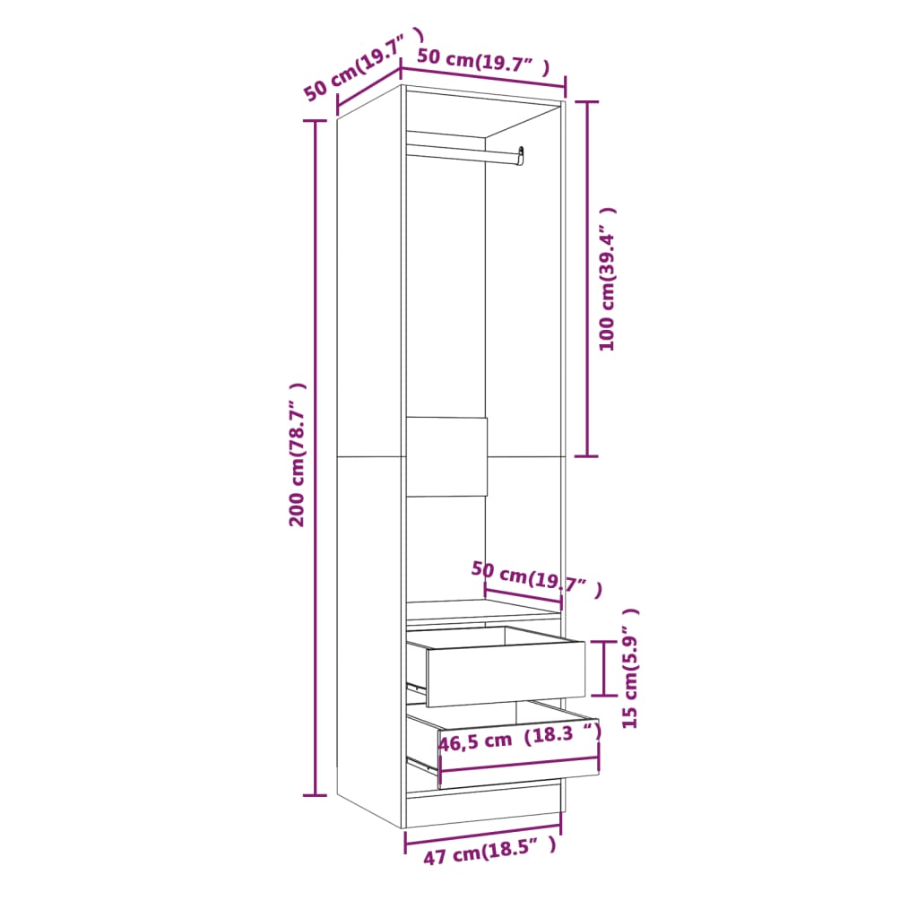 riidekapp sahtlitega, suitsutatud tamm 50x50x200 cm tehispuit