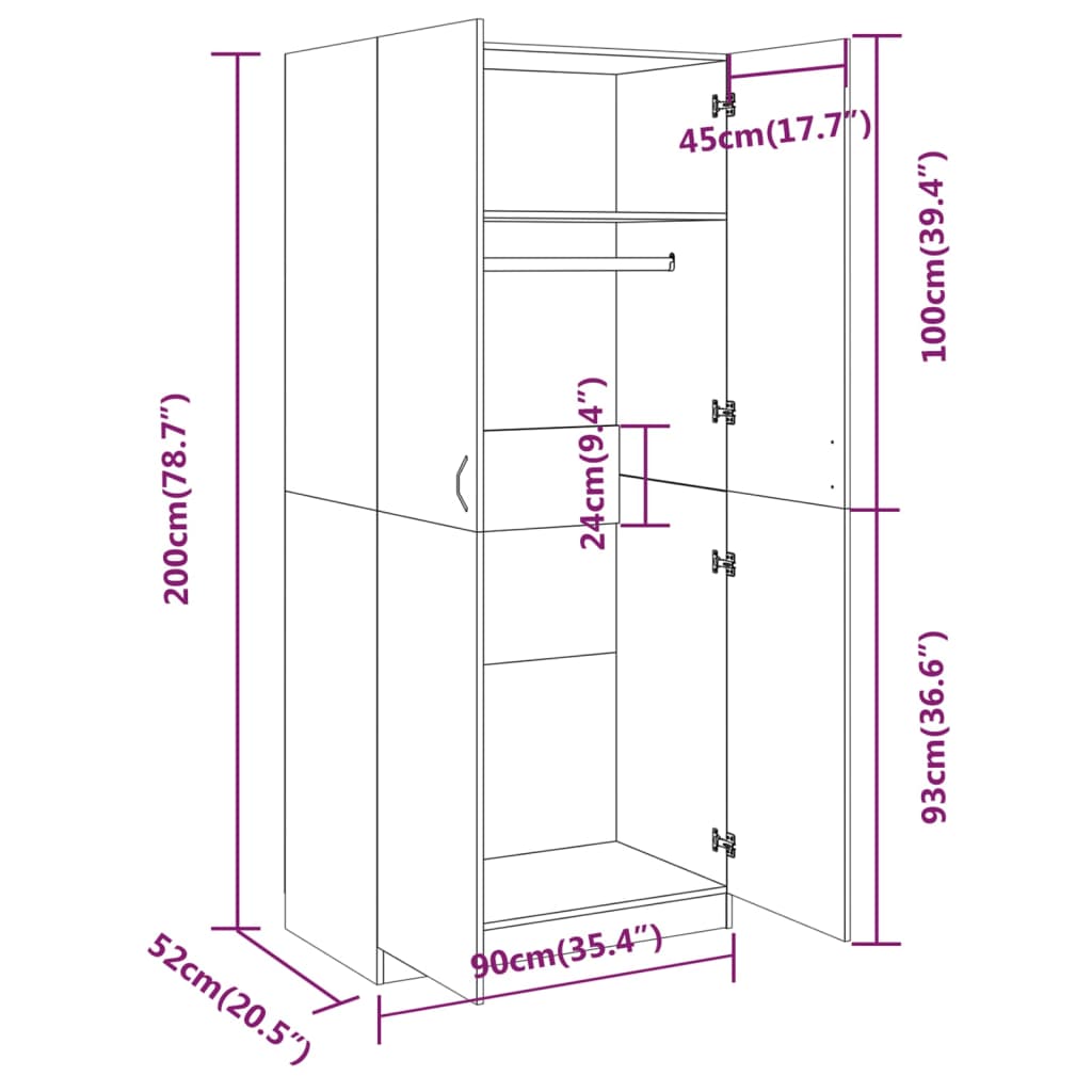 riidekapp, suitsutatud tamm, 90 x 52 x 200 cm, tehispuit