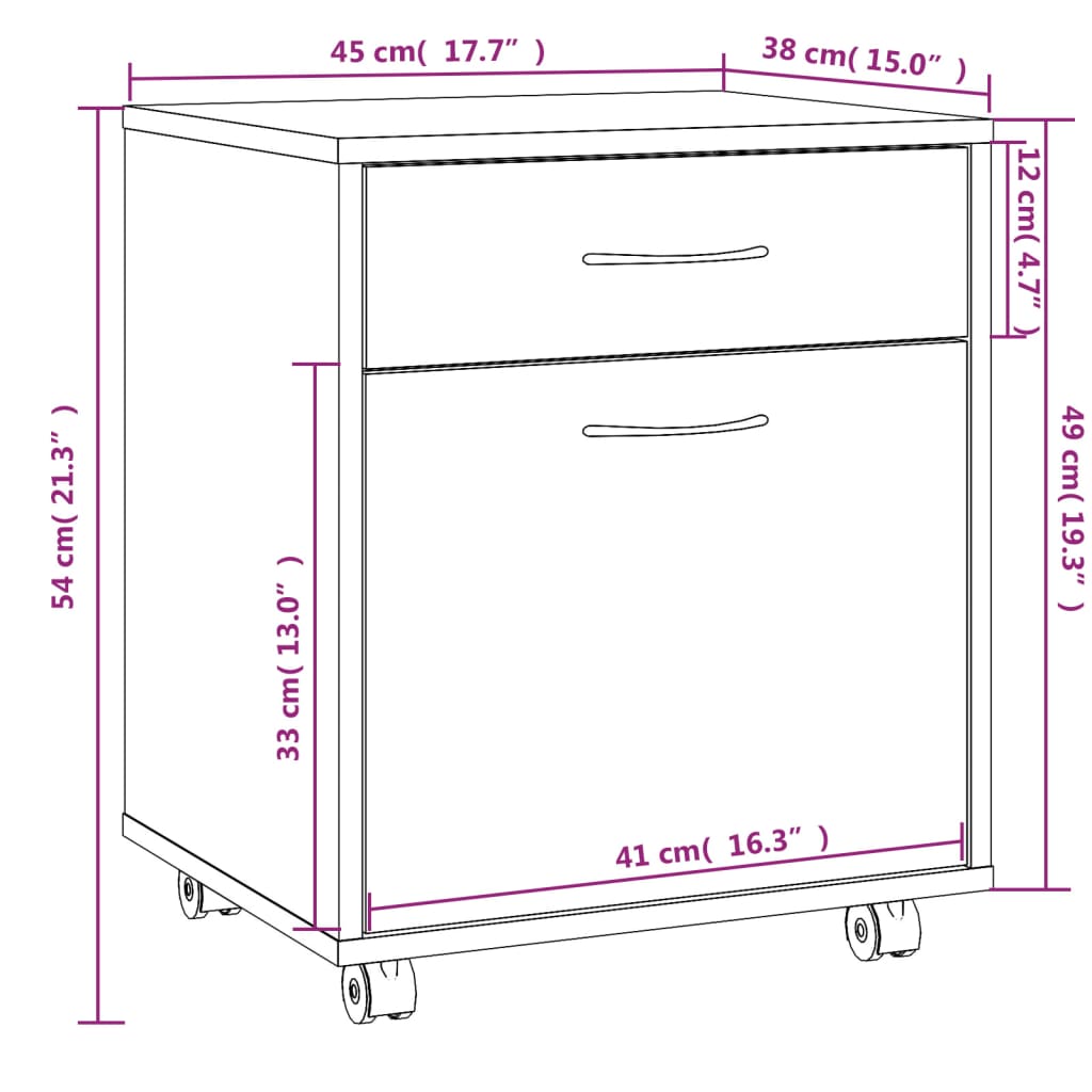 ratastel kapp, hall Sonoma tamm, 45 x 38 x 54 cm, tehispuit