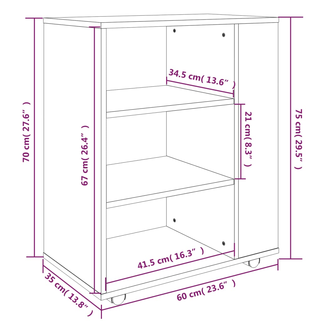 ratastel kapp, suitsutatud tamm, 60 x 35 x 75 cm, tehispuit