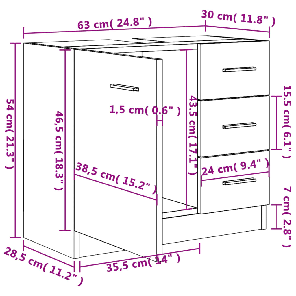 тумба под раковину, копченый дуб, 63 x 30 x 54 см, искусственное дерево