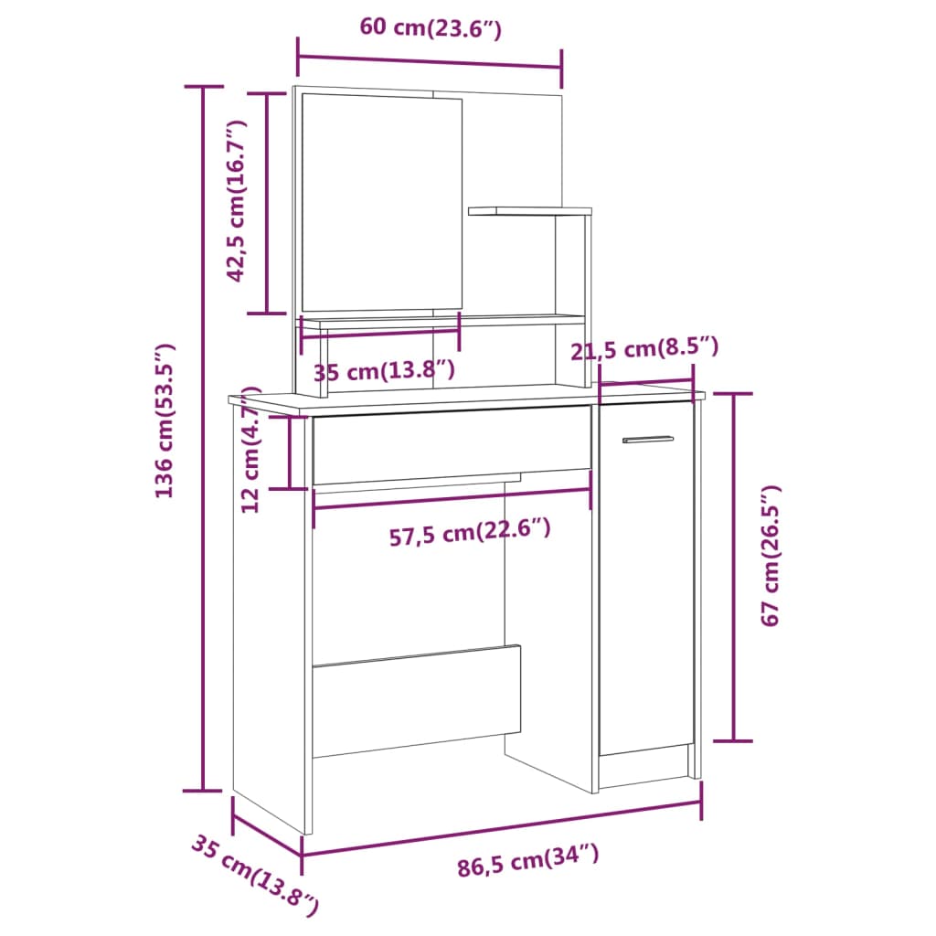 peegliga tualettlaud, suitsutatud tamm, 86,5 x 35 x 136 cm