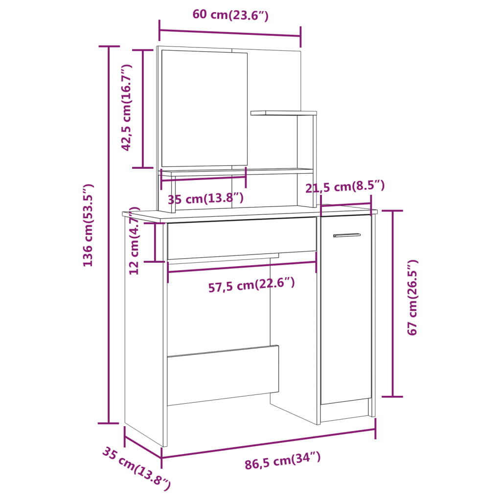 peegliga tualettlaud, pruun tamm, 86,5 x 35 x 136 cm