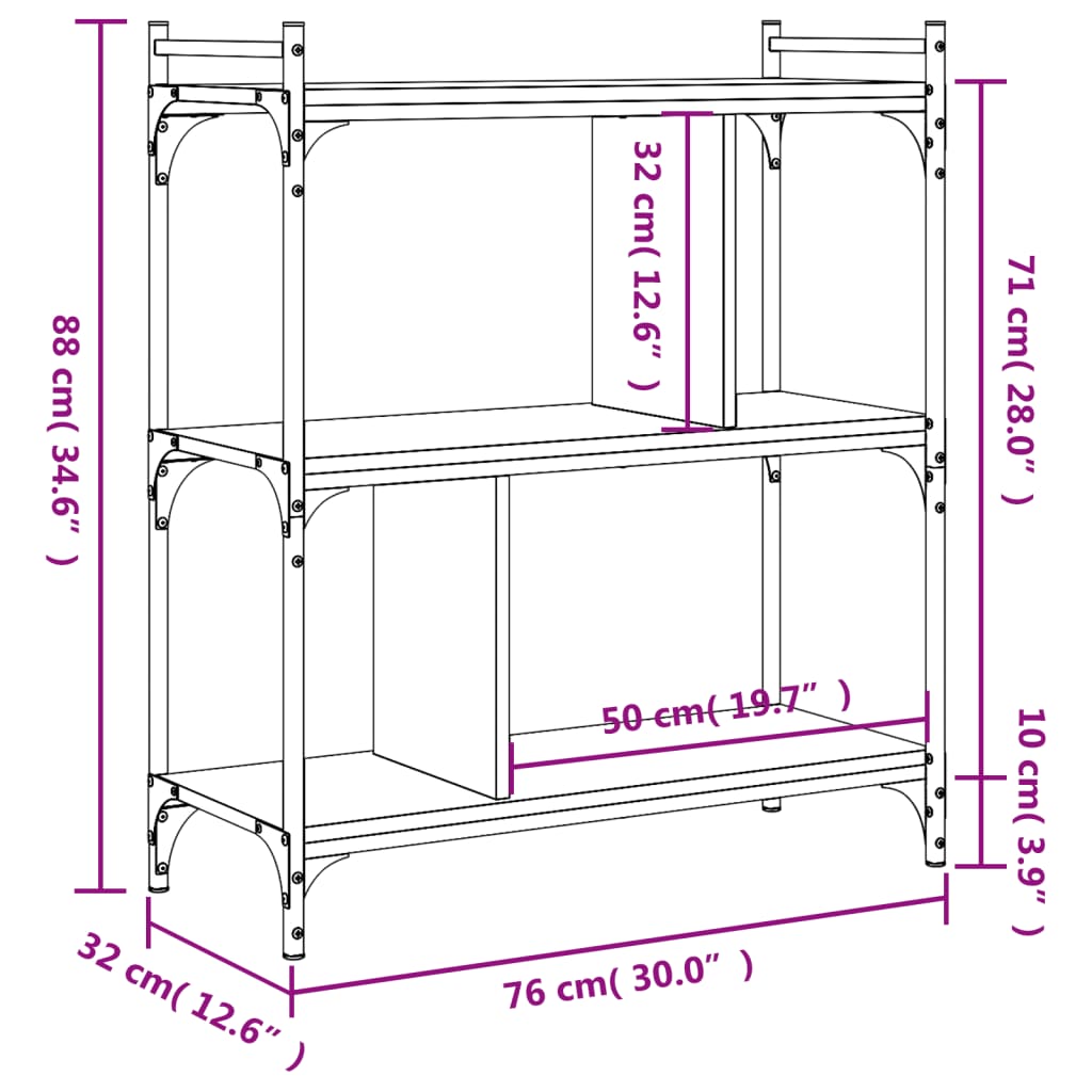 raamaturiiul 3 korrust, hall Sonoma, 76 x 32 x 88 cm, tehispuit