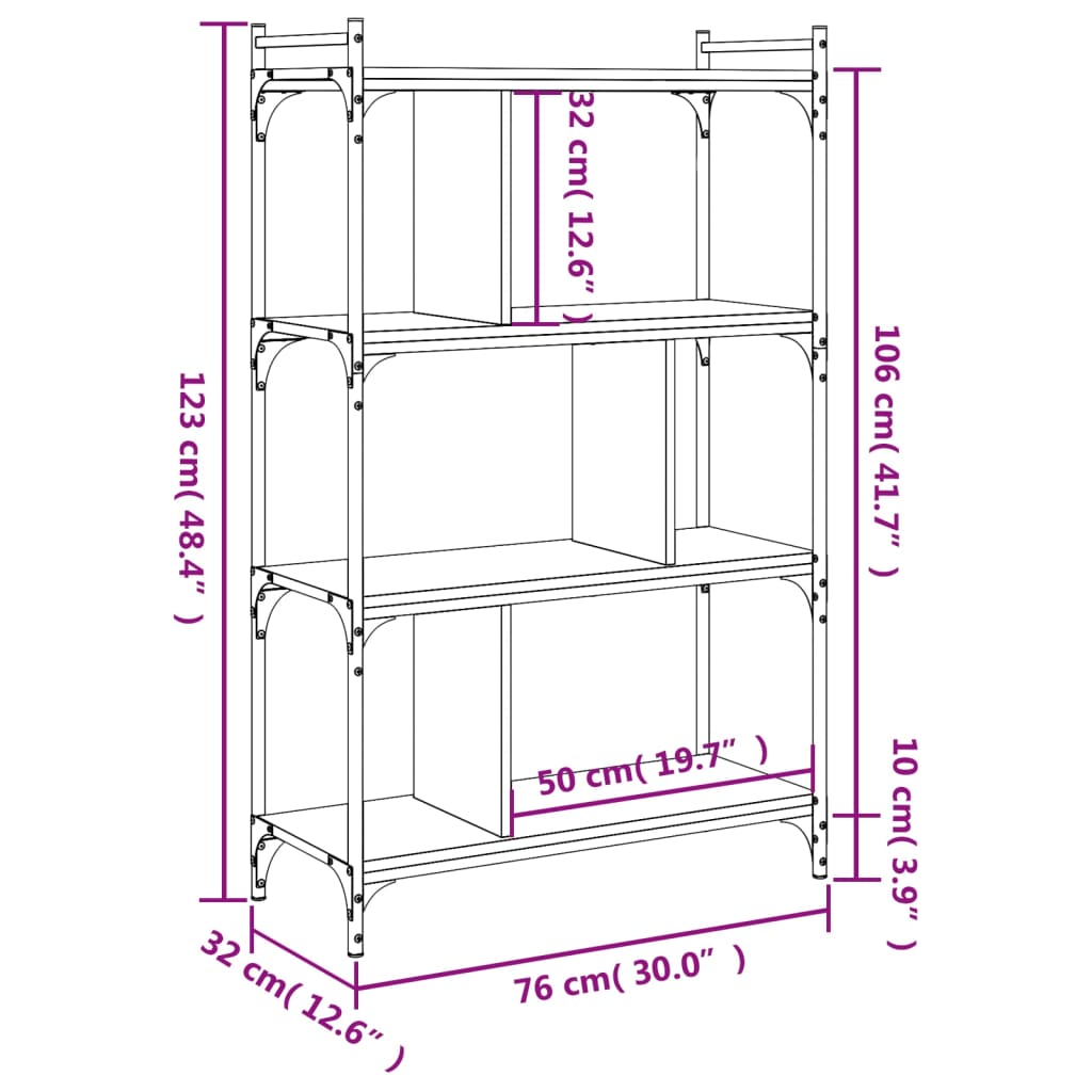 raamaturiiul 4 korrust, hall Sonoma, 76x32x123 cm, tehispuit