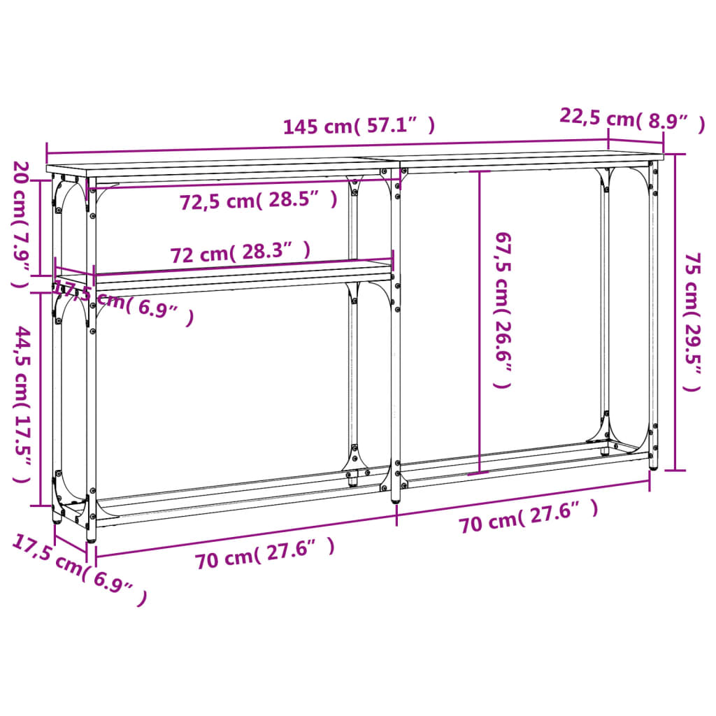 konsoollaud, hall Sonoma tamm, 145 x 22,5 x 75 cm, tehispuit