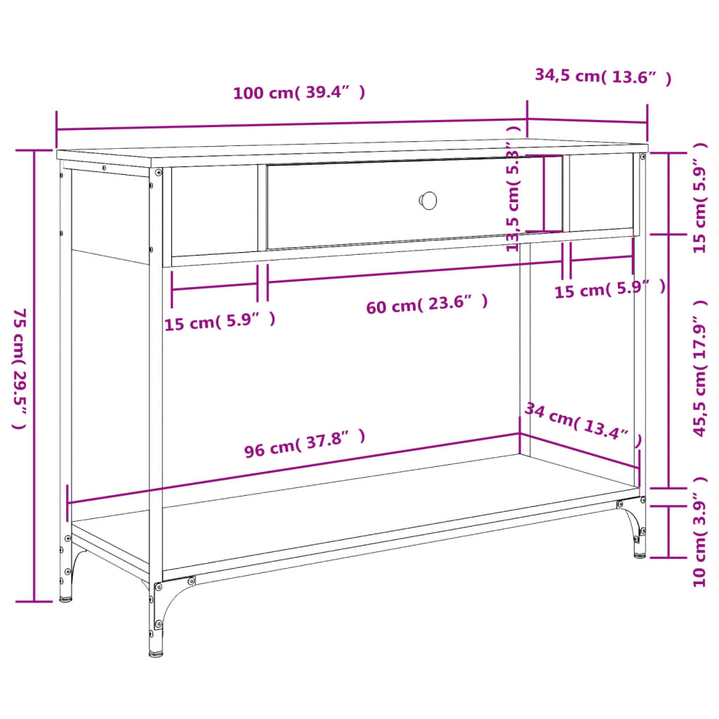 konsoollaud, hall Sonoma tamm, 100 x 34,5 x 75 cm, tehispuit