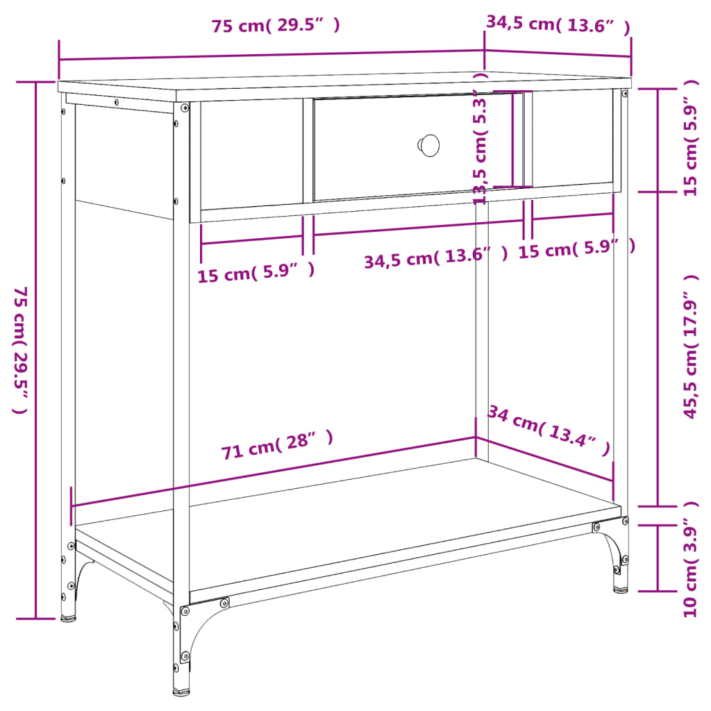 konsoollaud, hall Sonoma tamm, 75x34,5x75 cm, tehispuit