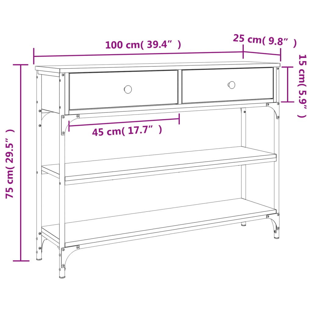 konsoollaud, hall Sonoma tamm, 100 x 25 x 75 cm, tehispuit