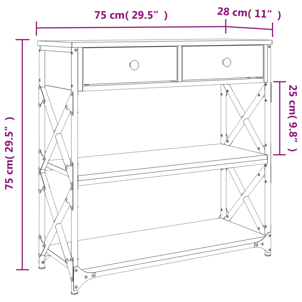 konsoollaud, hall Sonoma tamm, 75 x 28 x 75 cm, tehispuit