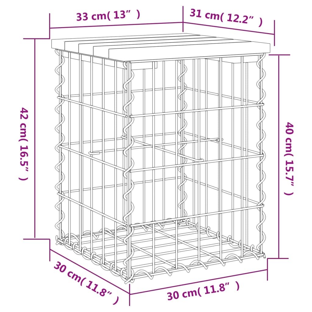 скамейка из габиона, 33 x 31 x 42 см, необработанное дерево