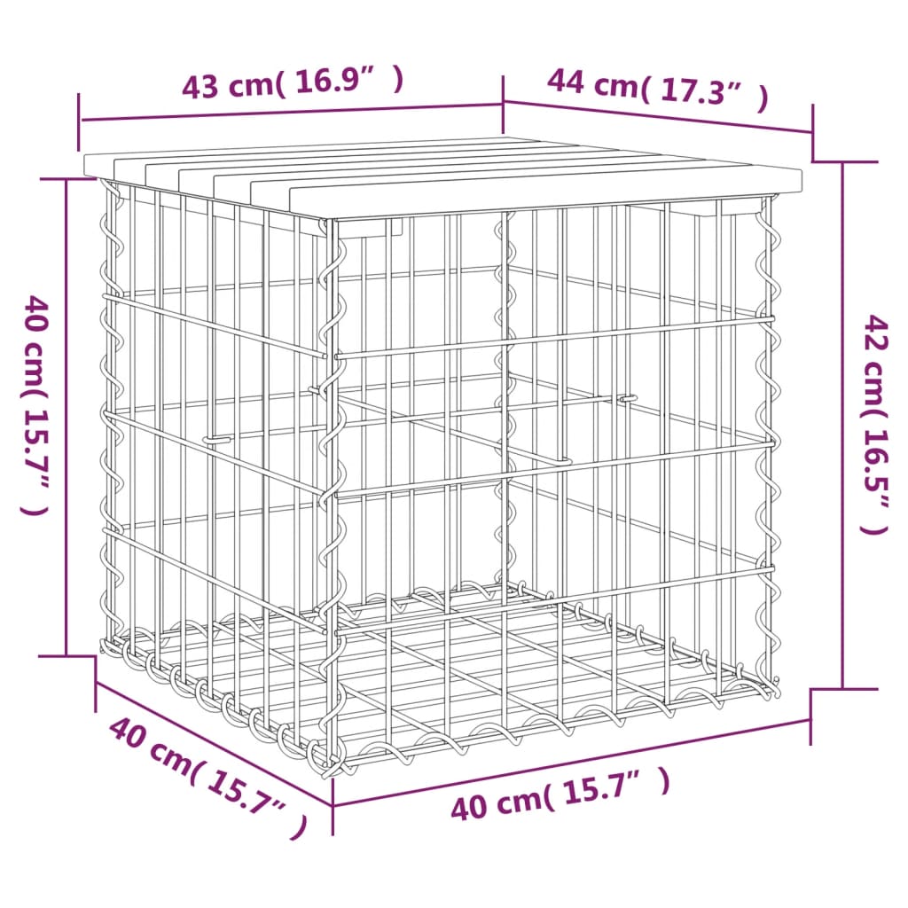 скамейка из габиона, 43 x 44 x 42 см, необработанное дерево