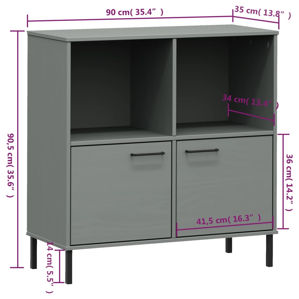 книжный шкаф с металлическими ножками серый 90x35x90,5 см массив дерева "OSLO"