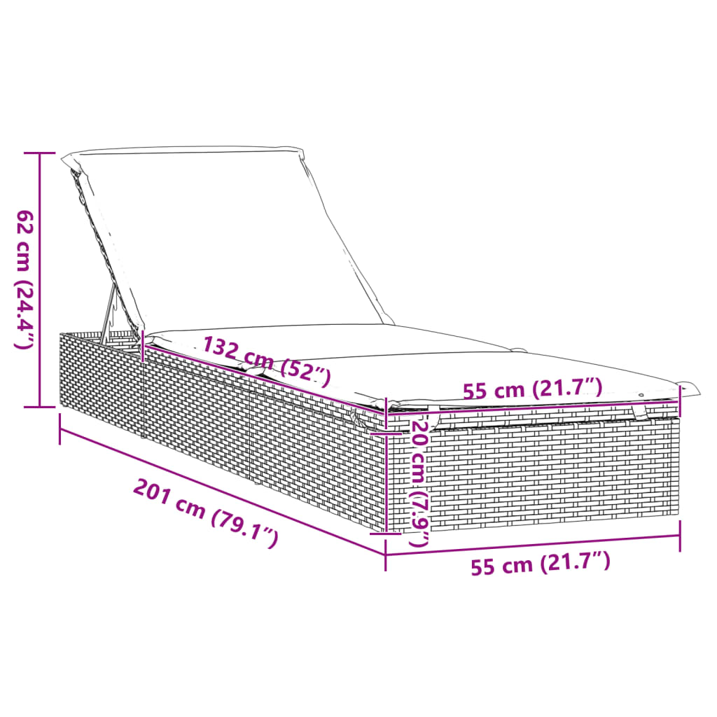 1 шт. шезлонг с подушкой для сиденья, черный, 201x55x62 см, полираттан