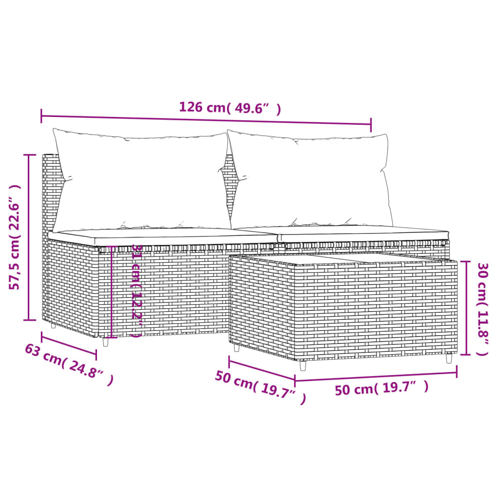 3-osaline aiamööbli komplekt patjadega, hall, polürotang