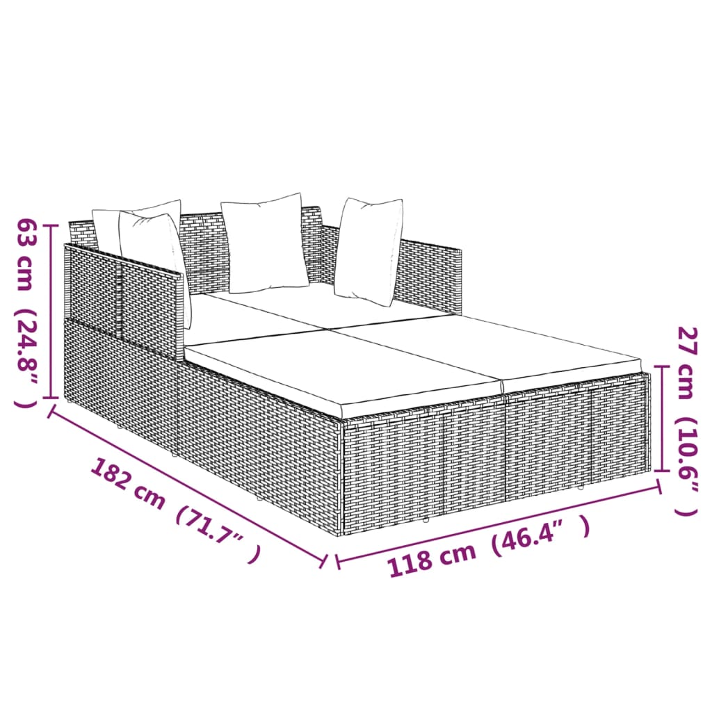 Шезлонг с подушкой для сиденья, черный, 182 x 118 x 63 см, полираттан