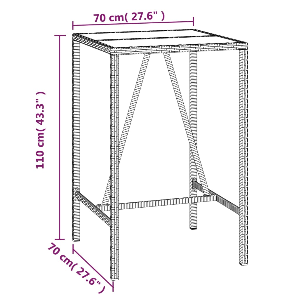 baarilaud klaasplaadiga, must, 70 x 70 x 110 cm, polürotang