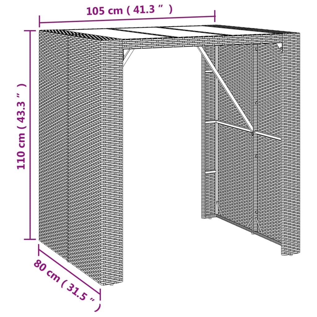 baarilaud klaasplaadiga, hall, 105 x 80 x 110 cm, polürotang