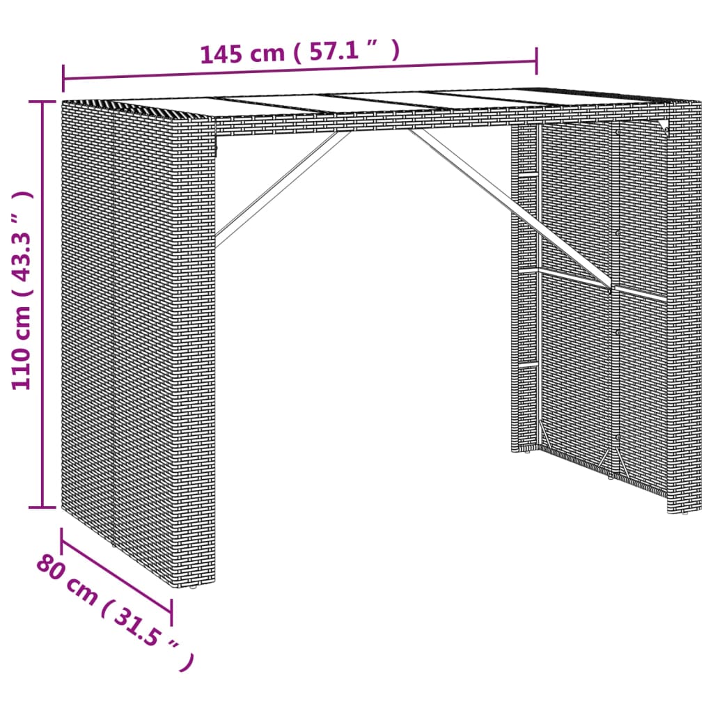 baarilaud klaasplaadiga, hall, 145 x 80 x 110 cm, polürotang